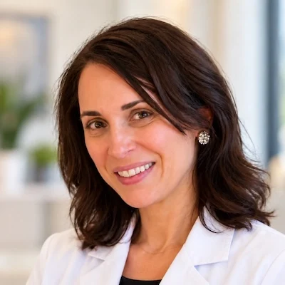 Staci Avakian smiling, with shoulder-length brown hair and wearing a white coat.